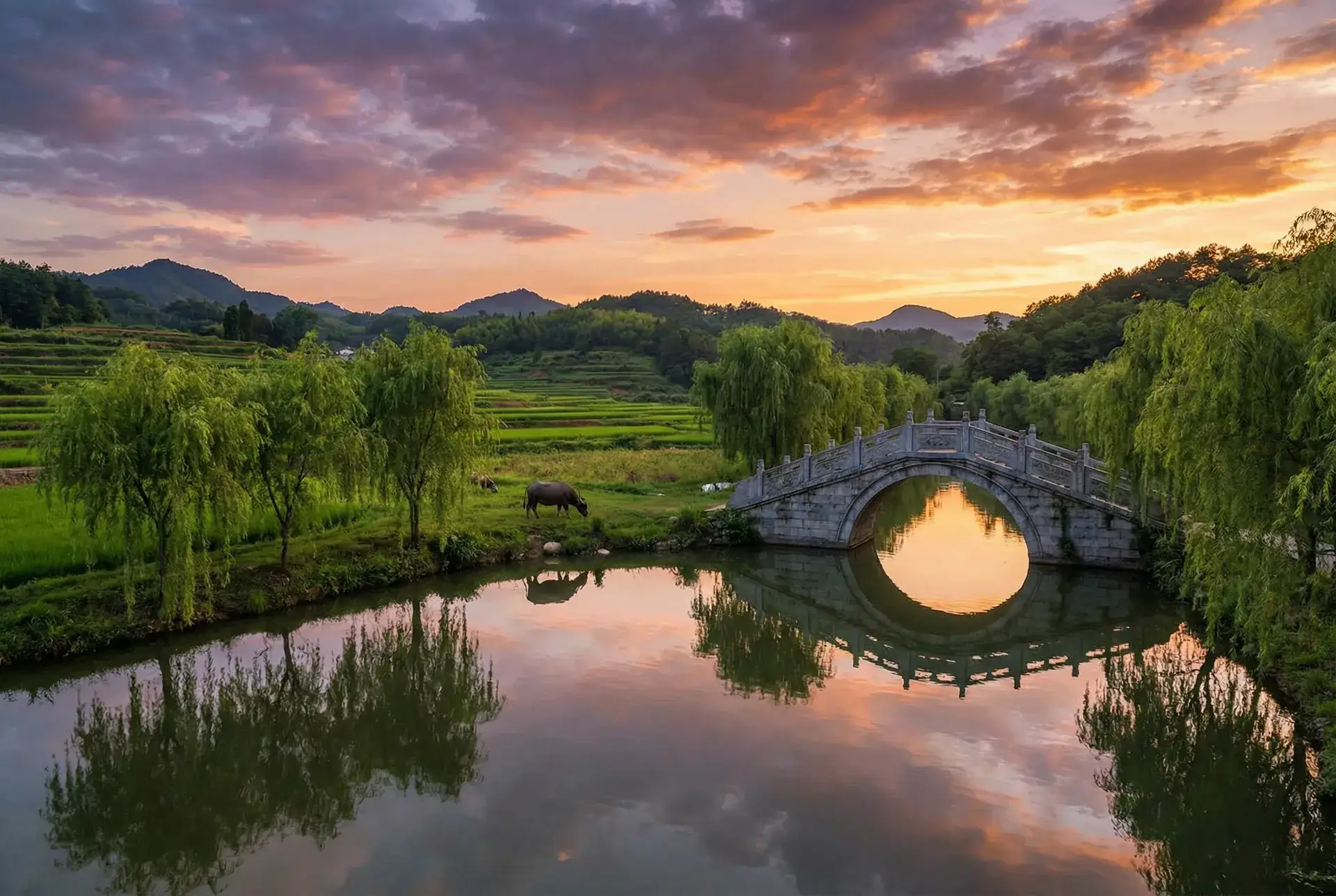 夕阳下的石拱桥与垂柳，水牛在河边吃草 - 中共中央组织部 乡村美景